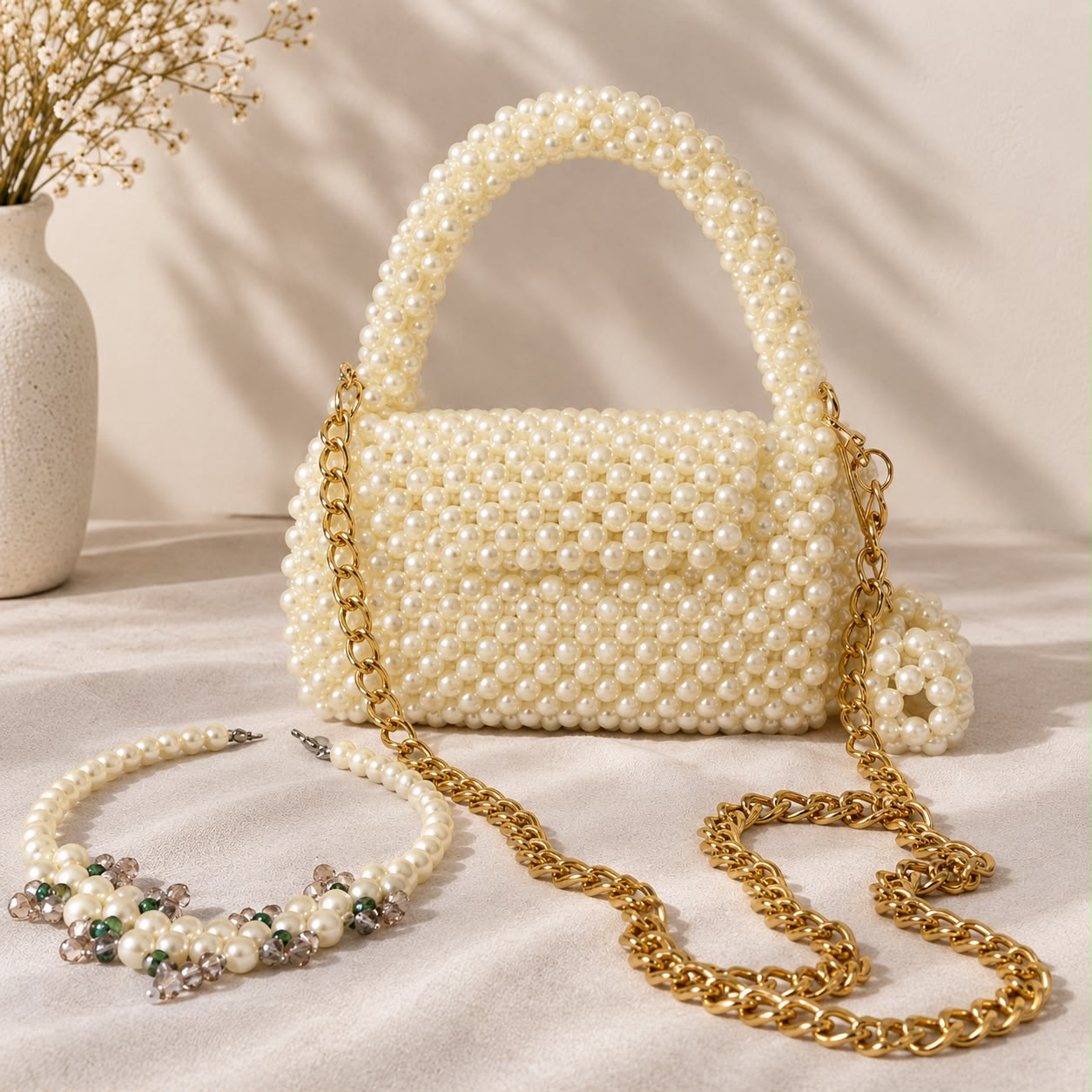 Sac perlé crème avec chaîne dorée